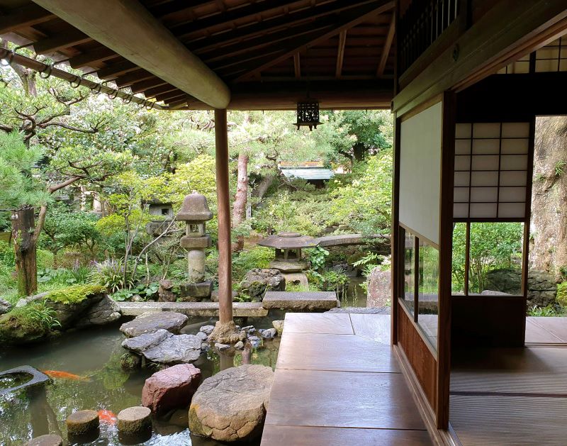 garden of small museum with koi pond