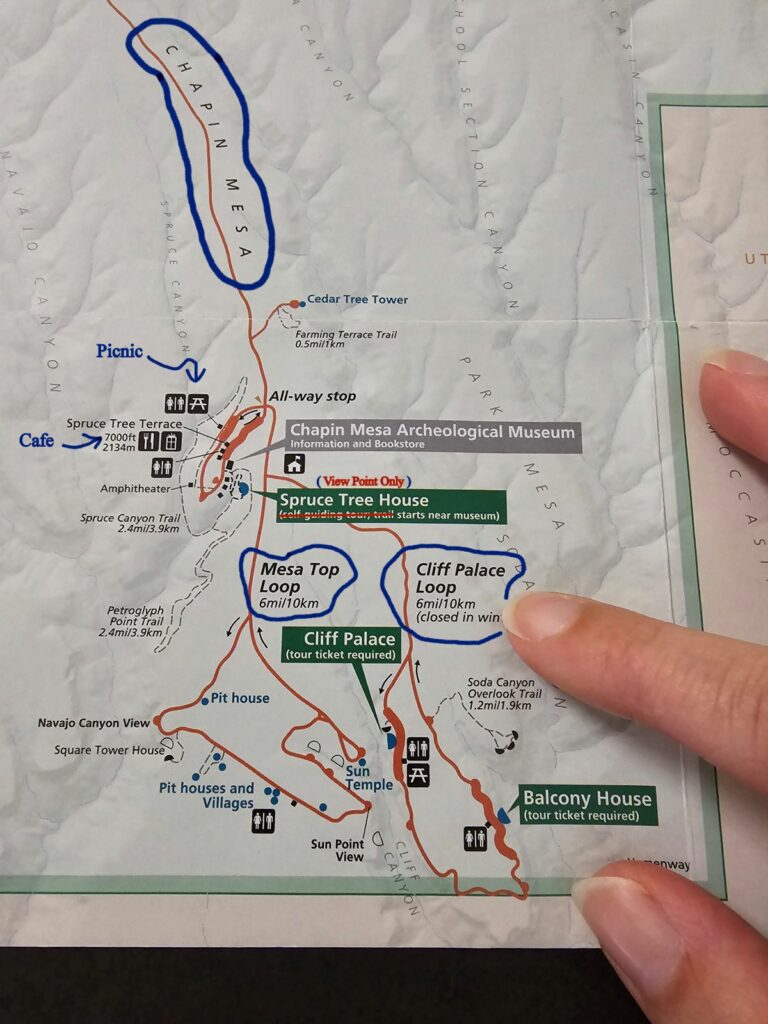 map of Chapin Mesa with sites and stops